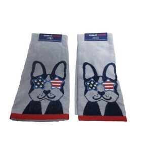 Set of 2 Americana Patriotic Dog Hand Towels Boston Terrier Stars & Stripes Kitc